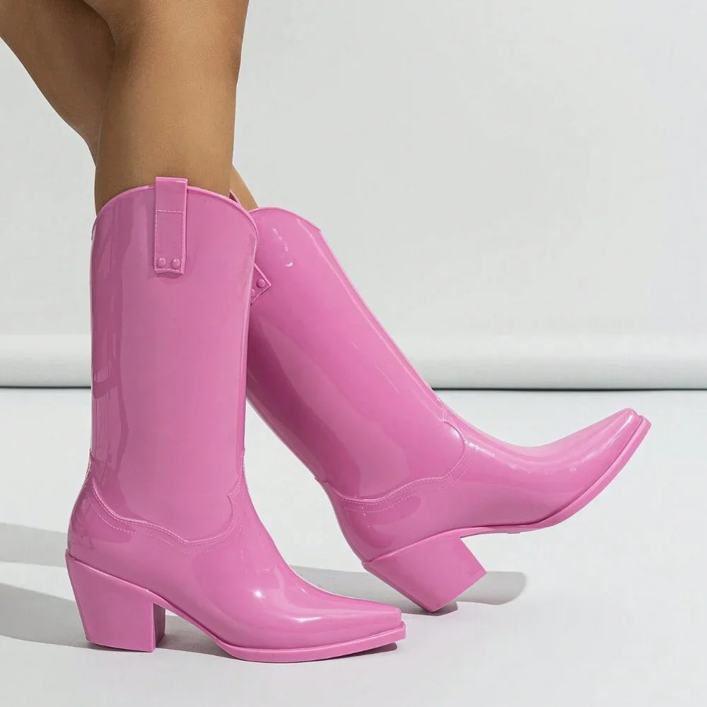 Glossy Pink Outdoor Women's Rain Boots
